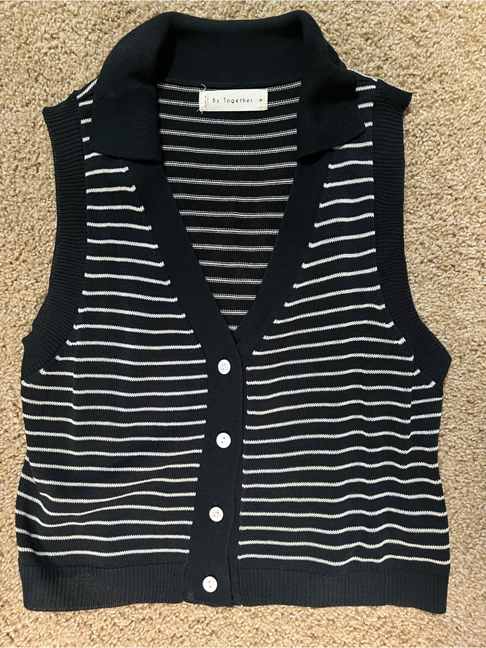 Together Black and White Striped Knit Collared Button Vest